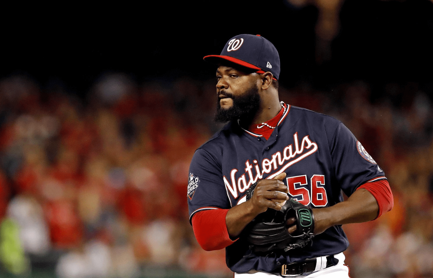 Oct 26, 2019; Washington, DC, USA; Washington Nationals relief pitcher Fernando Rodney (56) reacts during the seventh inning against the Houston Astros in game four of the 2019 World Series at Nationals Park. Mandatory Credit: Geoff Burke-Imagn Images