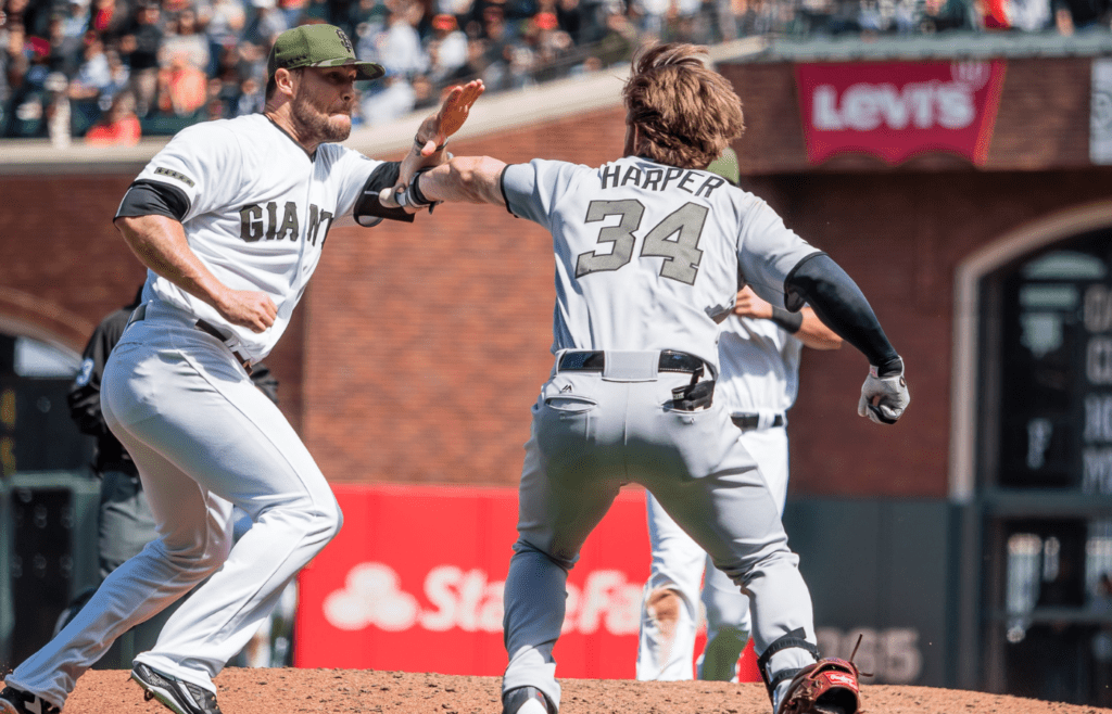 May 29, 2017; San Francisco, CA, USA; San Francisco Giants relief pitcher Hunter Strickland (60) and Washington Nationals right fielder Bryce Harper (34) in a fight after Harper was hit by the pitch of Strickland during the eighth inning at AT&T Park. Mandatory Credit: Kelley L Cox-Imagn Images