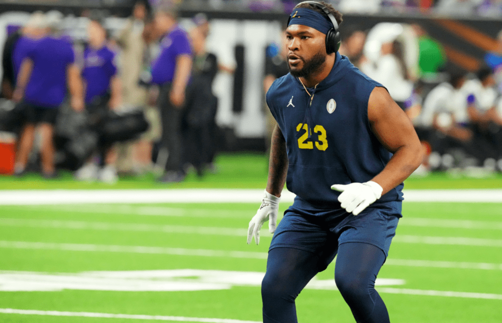 Jan 8, 2024; Houston, TX, USA; Michigan Wolverines linebacker Michael Barrett (23) warms up before playing against the Washington Huskies in the 2024 College Football Playoff national championship game at NRG Stadium. Mandatory Credit: Kirby Lee-Imagn Images