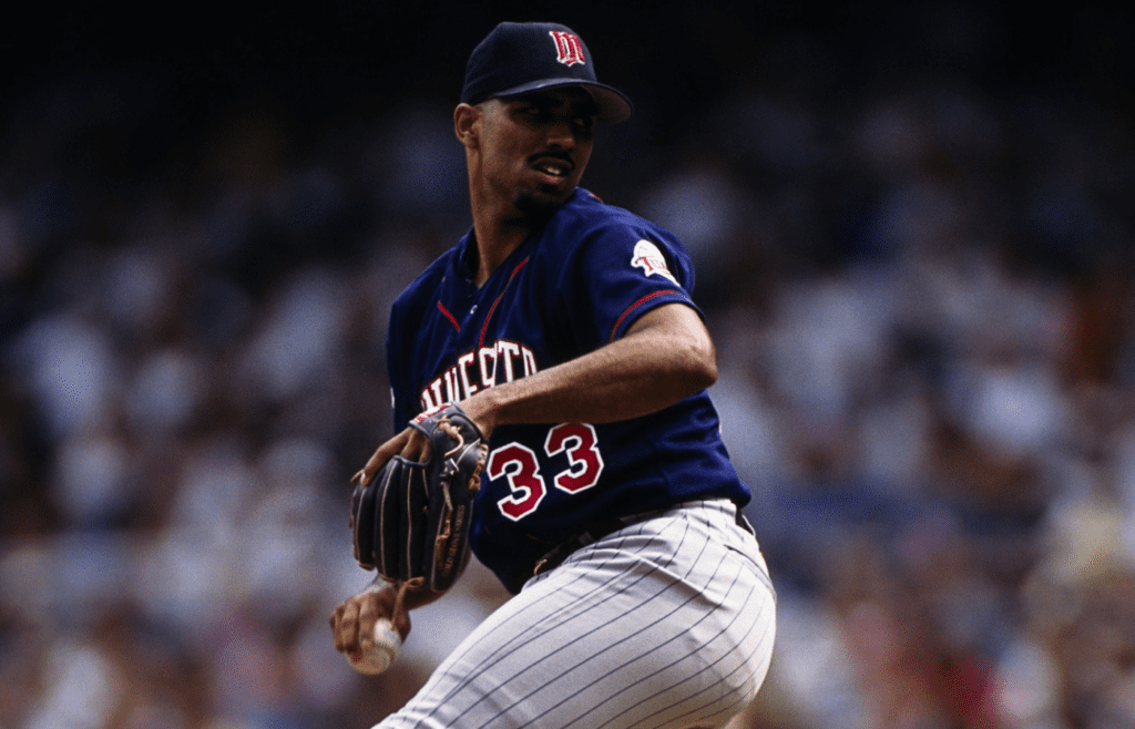 Aug 3, 1997; Bronx, NY, USA; FILE PHOTO; Minnesota Twins pitcher Frankie Rodriguez (33) in action against the New York Yankees at Yankee Stadium. Mandatory Credit: Lou Capozzola-USA TODAY NETWORK