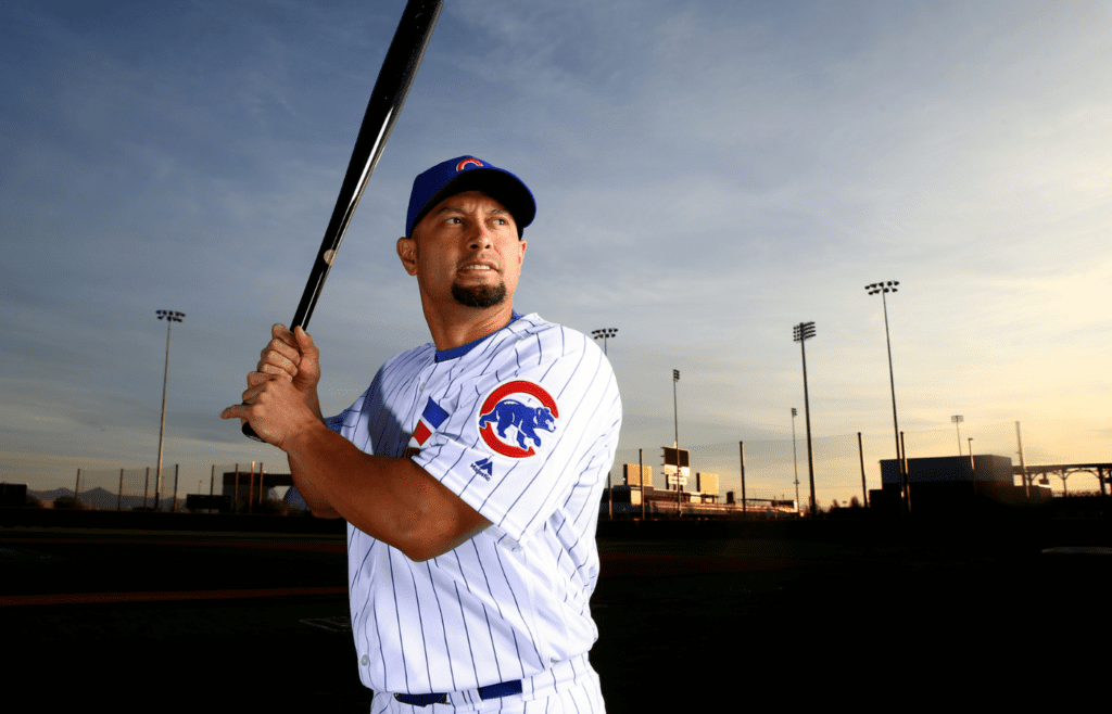 Feb 29, 2016; Mesa, AZ, USA; Chicago Cubs outfielder Shane Victorino poses for a portrait during photo day at Sloan Park. Mandatory Credit: Mark J. Rebilas-Imagn Images