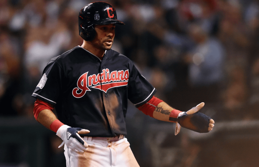 Nov 2, 2016; Cleveland, OH, USA; Cleveland Indians outfielder Coco Crisp scores a run against the Chicago Cubs in the third inning in game seven of the 2016 World Series at Progressive Field. Mandatory Credit: Ken Blaze-Imagn Images