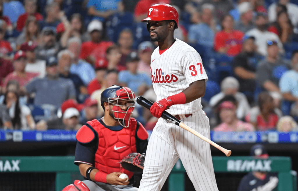 Jul 6, 2022; Philadelphia, Pennsylvania, USA; Philadelphia Phillies center fielder Odubel Herrera (37) walks back to the dugout after striking out against the Washington Nationals during the seventh inning at Citizens Bank Park. Mandatory Credit: Eric Hartline-Imagn Images