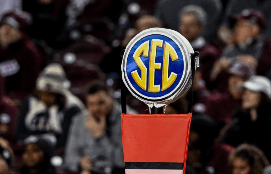 Nov 11, 2023; College Station, Texas, USA; A detailed view of the SEC logo on a chain marker during the game between the Texas A&M Aggies and the Mississippi State Bulldogs at Kyle Field. Mandatory Credit: Maria Lysaker-Imagn Images