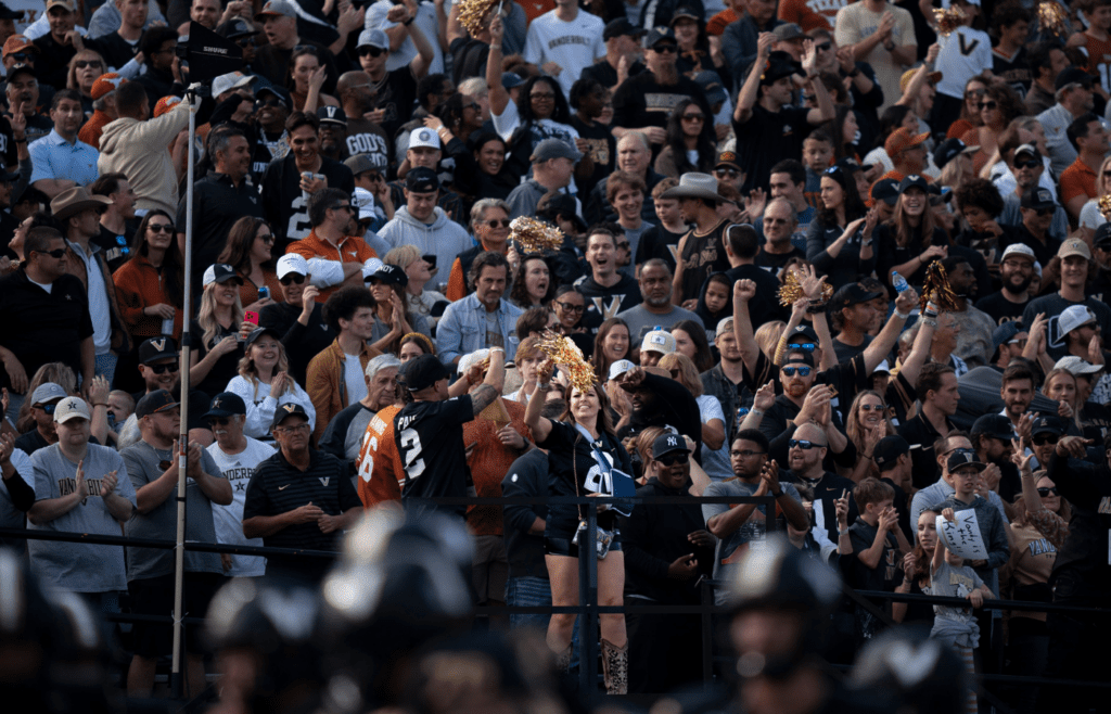 Vanderbilt Commodores fans celebrate Diego Pavia's touchdown against Texas during the first half of their game at FirstBank Stadium in Nashville, Tenn., Saturday, Oct. 26, 2024. He scored on the play.