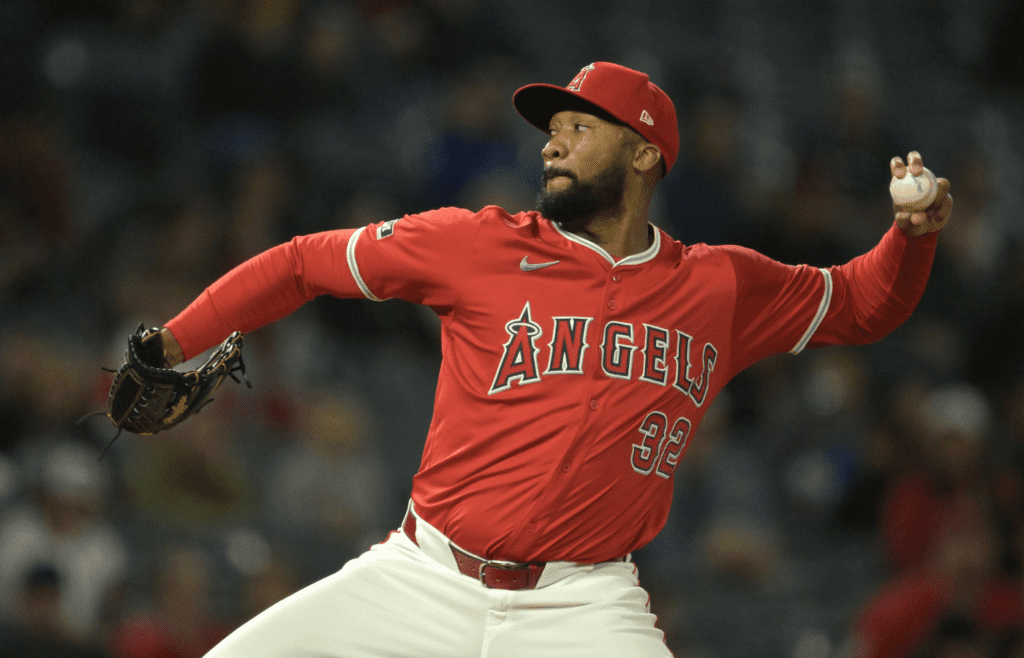 May 9, 2024; Anaheim, California, USA; Los Angeles Angels pitcher Amir Garrett (32) delivers to the plate in the sixth inning against the Kansas City Royals at Angel Stadium. Mandatory Credit: Jayne Kamin-Oncea-Imagn Images