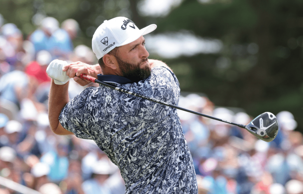 Jun 14, 2025; Oakmont, Pennsylvania, USA; Jon Rahm plays his shot from the third tee during the third round of the U.S. Open golf tournament. Mandatory Credit: Bill Streicher-Imagn Images