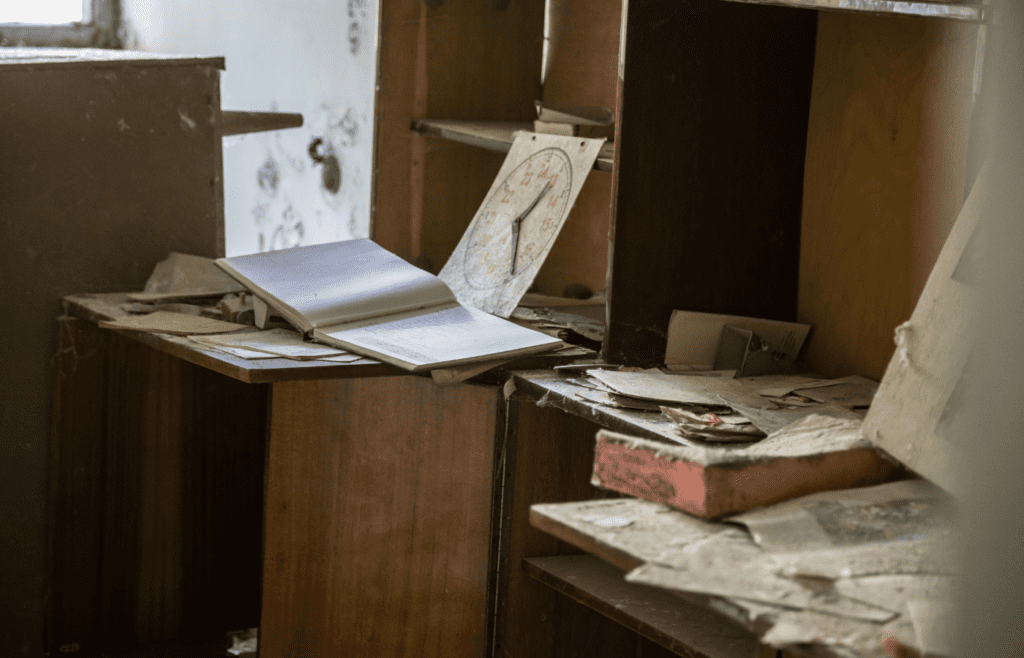 A cluttered desk with papers and books