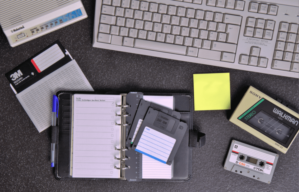 A 3.5-inch floppy disk on a school desk