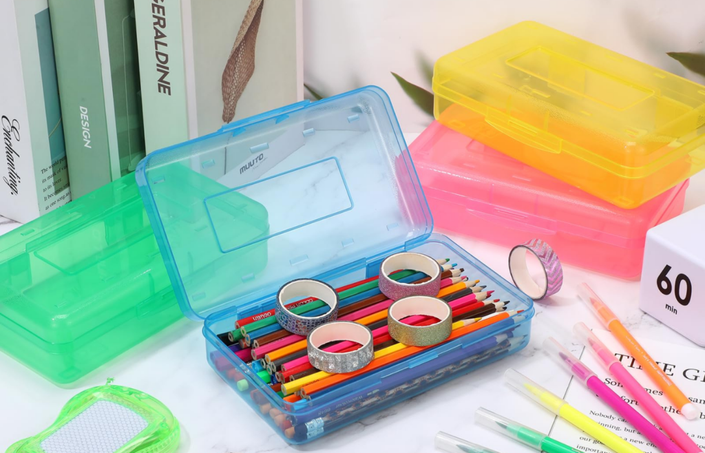 A colorful plastic pencil box with moving parts