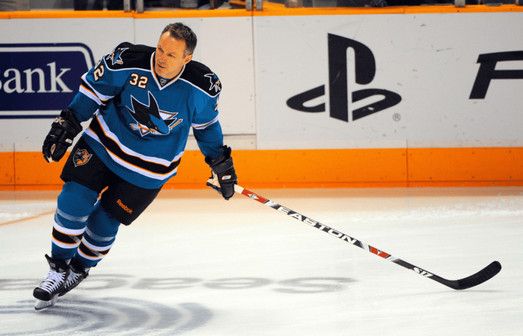 Jan. 20, 2009; San Jose, CA, USA; San Jose Sharks right wing Claude Lemieux (32) warms up before the game against the Vancouver Canucks at HP Pavilion. Mandatory Credit: Kyle Terada-Imagn Images