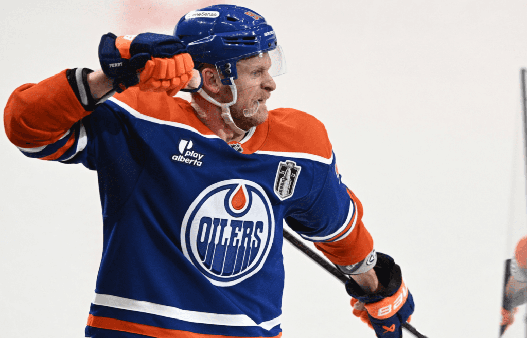 Jun 6, 2025; Edmonton, Alberta, CAN; Edmonton Oilers right wing Corey Perry (90) reacts after scoring a goal against the Florida Panthers during the third period in game two of the 2025 Stanley Cup Final at Rogers Place. Mandatory Credit: Walter Tychnowicz-Imagn Images