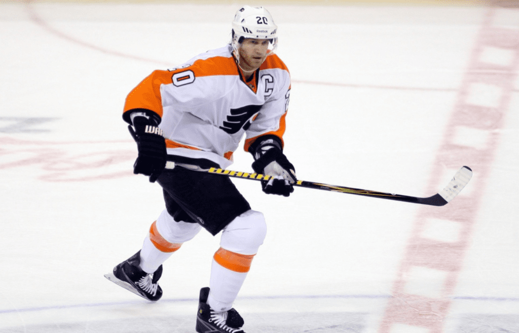 Nov 19, 2011; Winnipeg, MB, CANADA; Philadelphia Flyers defenseman Chris Pronger (20) during the 3rd period against the Winnipeg Jets at the MTS Centre. Winnipeg wins 6-4. Mandatory Credit: Bruce Fedyck-Imagn Images