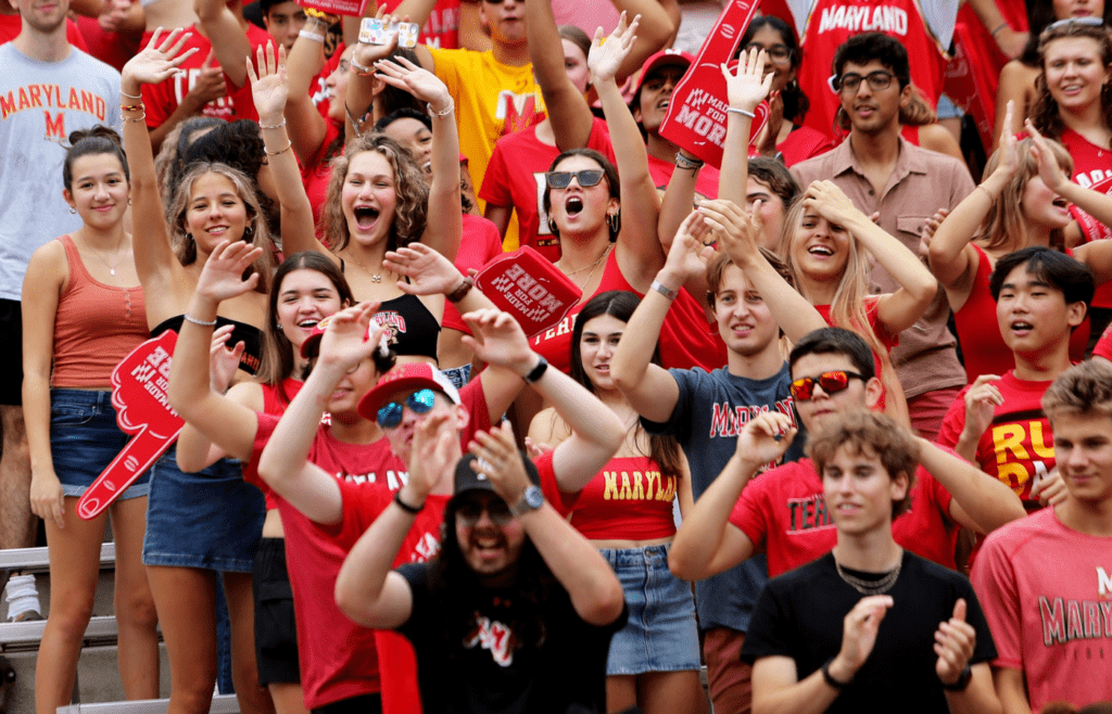 Aug 31, 2024; College Park, Maryland, USA; Maryland Terrapins fans celebrate during the first quarter against the Connecticut Huskies at SECU Stadium. Mandatory Credit: Daniel Kucin Jr.-Imagn Images