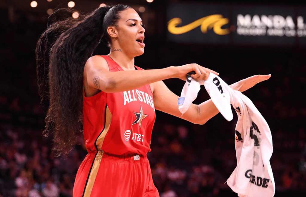 Team Wilson forward Liz Cambage celebrates after Team Wilson defeated Team Delle Donne in the WNBA All Star Game at Mandalay Bay Events Center.