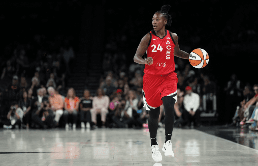 Las Vegas Aces guard Jewell Loyd (24) dribbles the ball during the first half of an WNBA basketball game against the Seattle Storm.