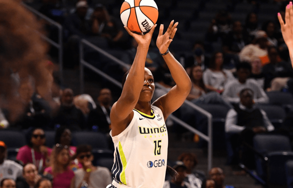 Dallas Wings center Teaira McCowan (15) goes up for a shot during the second half against the Chicago Sky at the Wintrust Arena.
