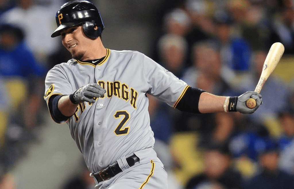 September 15, 2011; Los Angeles, CA, USA; Pittsburgh Pirates third baseman Brandon Wood (2) hits a single in the fourth inning against the Los Angeles Dodgers at Dodger Stadium. Mandatory Credit: Gary A. Vasquez-Imagn Images