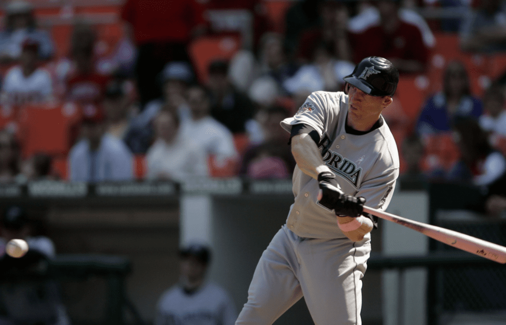 May 13, 2007; Washington, DC, USA; Florida Marlins right fielder (21) Joe Borchard during an at-bat against the Washington Nationals in the eighth inning at RFK stadium in Washington, DC. Washington defeated Florida 6-4. Players on both the Washington Nationals and the Florida Marlins used pink bats to raise awareness for breast cancer on mother's day. The bats will be auctioned off with the proceeds benefiting Susan G Komen for the Cure. Mandatory Credit: James Lang-Imagn Images Copyright © James Lang