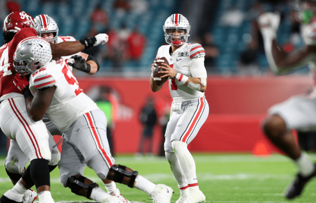Ohio State Buckeyes quarterback Justin Fields (1) against the Alabama Crimson Tide in the 2021 CFP National Championship Game.