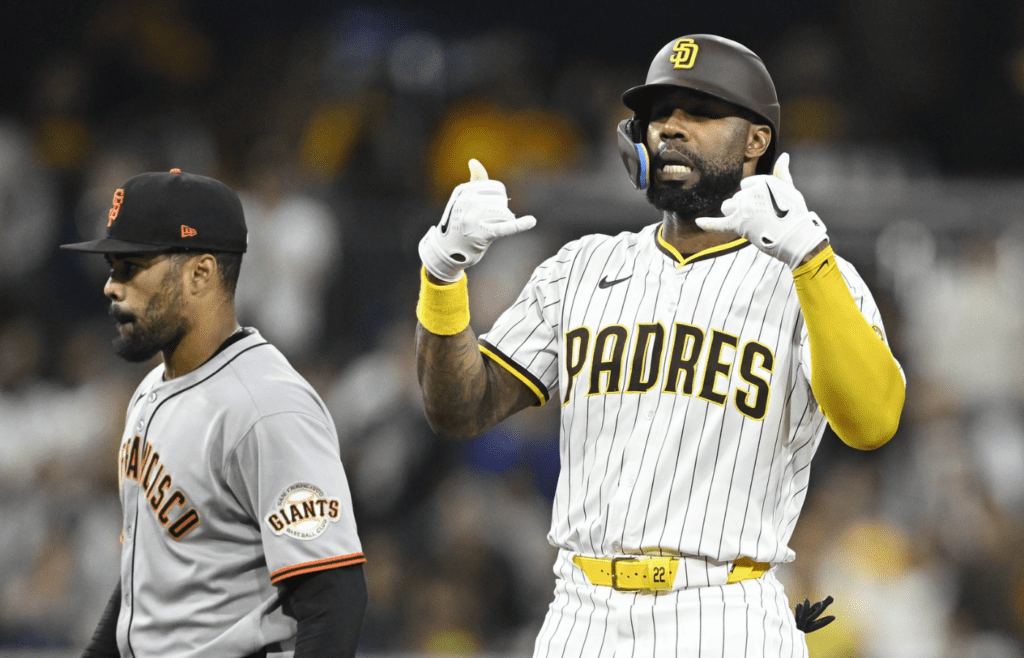 Apr 29, 2025; San Diego, California, USA; San Diego Padres left fielder Jason Heyward (22) celebrates after hitting a double during the fourth inning against the San Francisco Giants at Petco Park. Mandatory Credit: Denis Poroy-Imagn Images