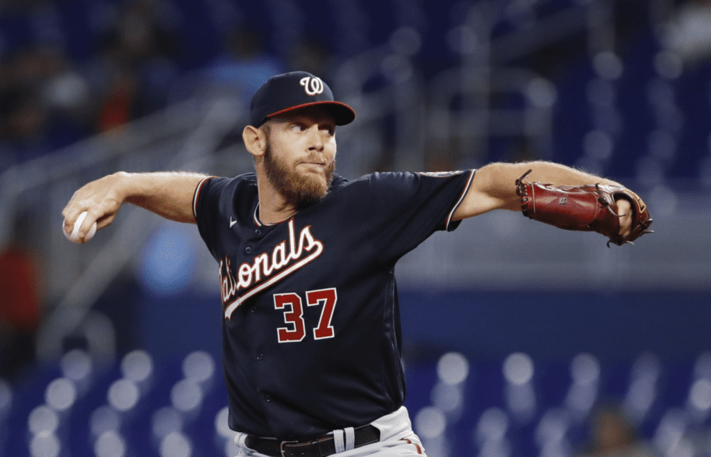 Jun 9, 2022; Miami, Florida, USA; Washington Nationals starting pitcher Stephen Strasburg (37) delivers a pitch during the first inning against the Miami Marlins at loanDepot Park. Mandatory Credit: Sam Navarro-Imagn Images