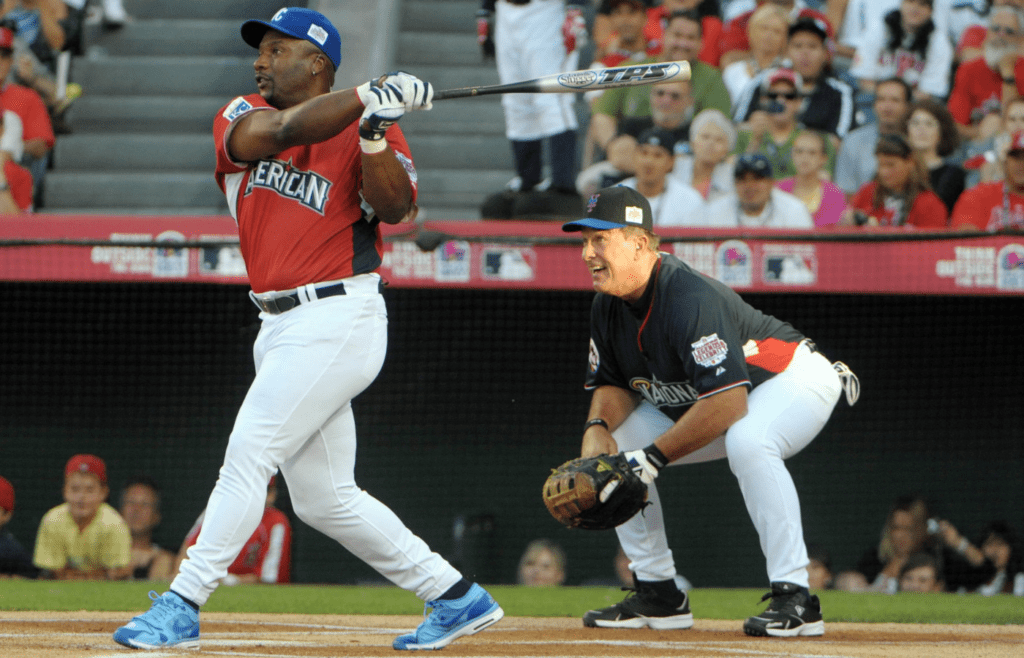 Kansas City Royals former player Bo Jackson bats during the 2010 All Star celebrity softball game at Angel Stadium.