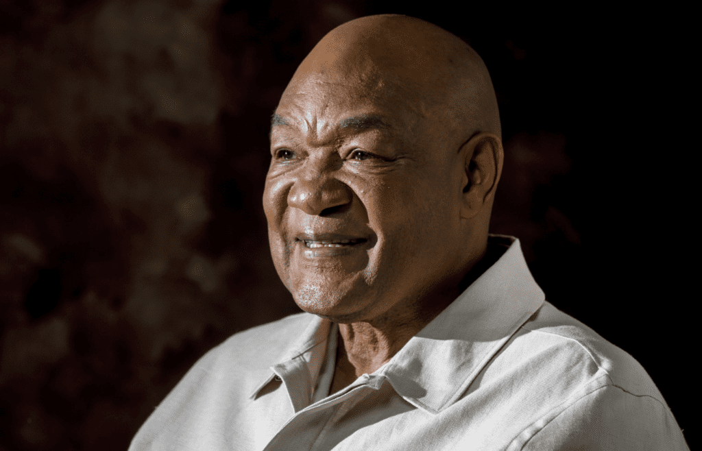 Portrait of former heavyweight champion George Foreman. In 1973 he won the unified heavyweight title and retired in 1977. Foreman returned to the ring in 1994 and at age 45 again won the heavyweight title. He is the subject of a new film Big George Foreman.