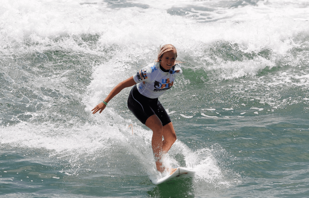Bethany Hamilton competes in the 2010 US Open of Surfing at the Huntington Beach pier.