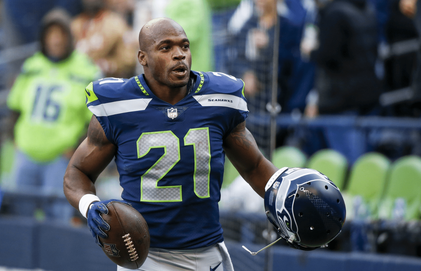 Seattle Seahawks running back Adrian Peterson (21) returns to the locker room following pregame warmups against the San Francisco 49ers at Lumen Field.