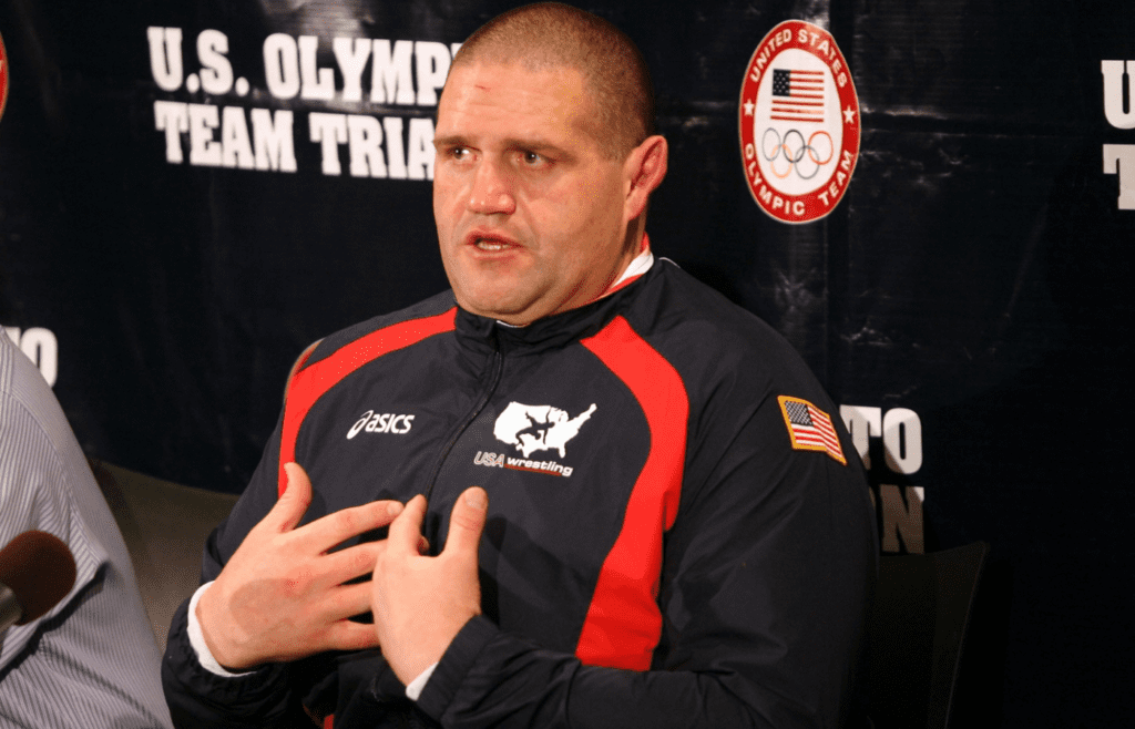 Rulon Gardner speaks to the media at a press conference after not making weight for the 2012 U.S. Olympic Trials at Carver Hawkeye Arena.
