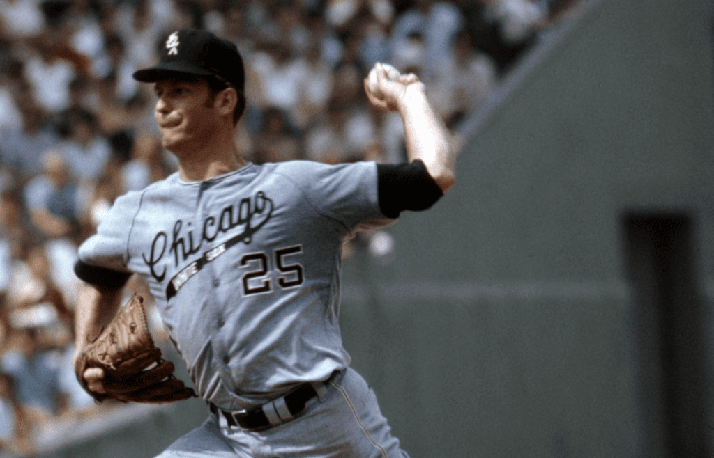 Chicago White Sox pitcher pitcher Tommy John (25) delivers a pitch against the Boston Red Sox at Fenway Park during the 1968 season.