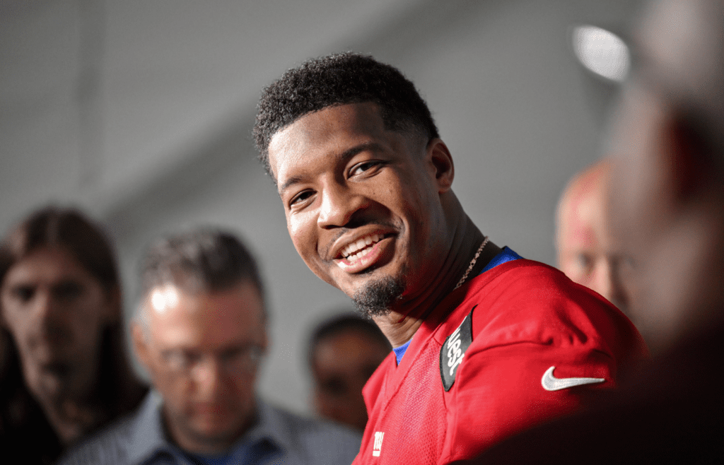 New York Giants quarterback Jameis Winston (19) speaks at a press conference during minicamp at Quest Diagnostics Training Center.