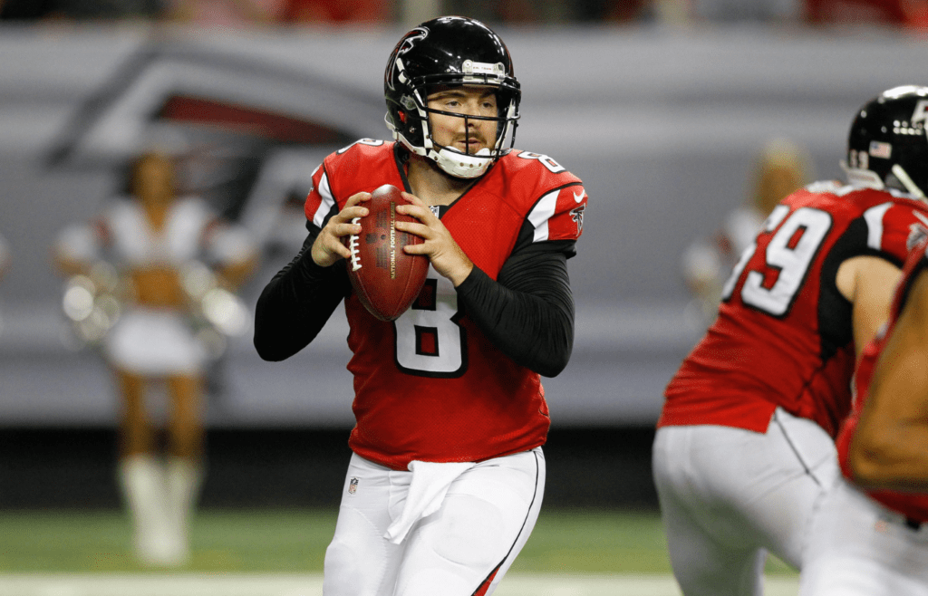Atlanta Falcons quarterback Rex Grossman (8) drops back to pass against the Baltimore Ravens in the fourth quarter at the Georgia Dome.