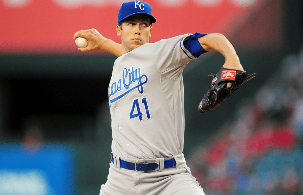 Kansas City Royals relief pitcher Bryan Bullington (41) pitches in the first inning against the Los Angeles Angels at Angel Stadium of Anaheim.