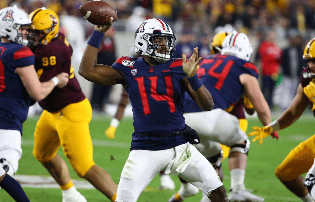 Arizona Wildcats quarterback Khalil Tate (14) throws the ball against ASU in the first half of the 93rd Duel in the Desert on Nov. 30, 2019 in Tempe, Ariz. Arizona Wildcats Vs Arizona State Sun Devils