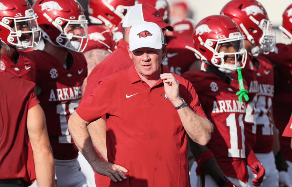 Aug 29, 2024; Little Rock, Arkansas, USA; Arkansas Razorbacks offensive coordinator Bobby Petrino prior to the game against the Pine Bluff Golden Lions at War Memorial Stadium. Mandatory Credit: Nelson Chenault-Imagn Images