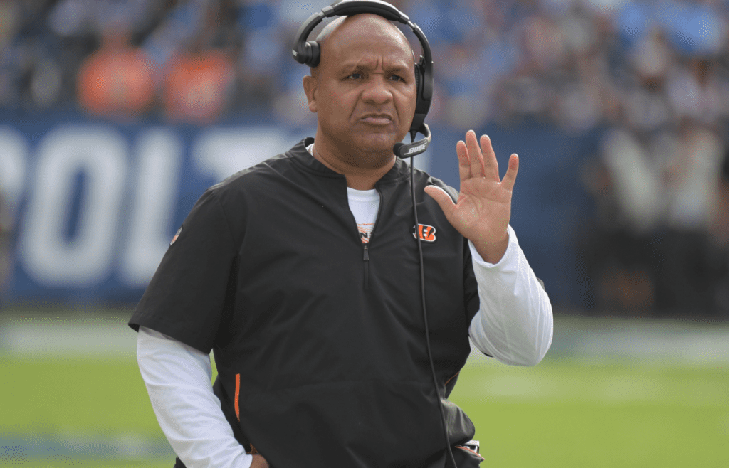 Dec 9, 2018; Carson, CA, USA; Cincinnati Bengals special assistant to the head coach Hue Jackson watches from the sidelines in the second quarter against the Los Angeles Chargers at StubHub Center. Mandatory Credit: Kirby Lee-Imagn Images