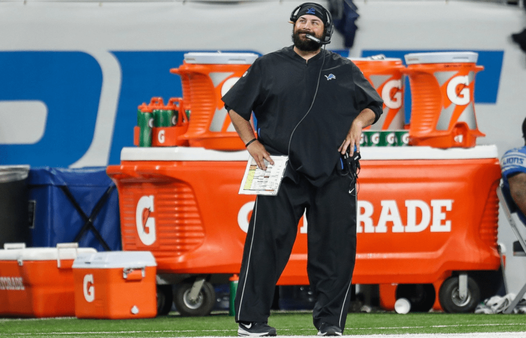 Detroit Lions head coach Matt Patricia looks at the replay on scoreboard during the second half of the Lions-Jets game at Ford Field in Detroit, Monday, September 10, 2018