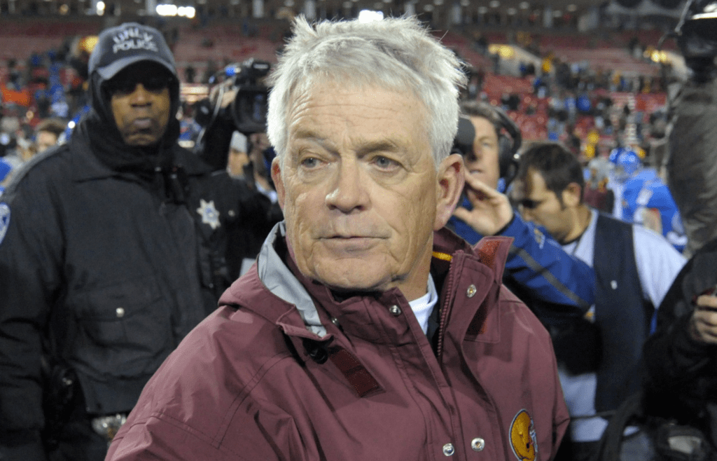 Dec 22, 2011; Las Vegas, NV, USA; Arizona State Sun Devils coach Dennis Erickson walks off the field after the 2011 Las Vegas Bowl against the Boise State Broncos at Sam Boyd Stadium. Boise State defeated Arizona State 56-24. Mandatory Credit: Kirby Lee/Image of Sport-Imagn Images