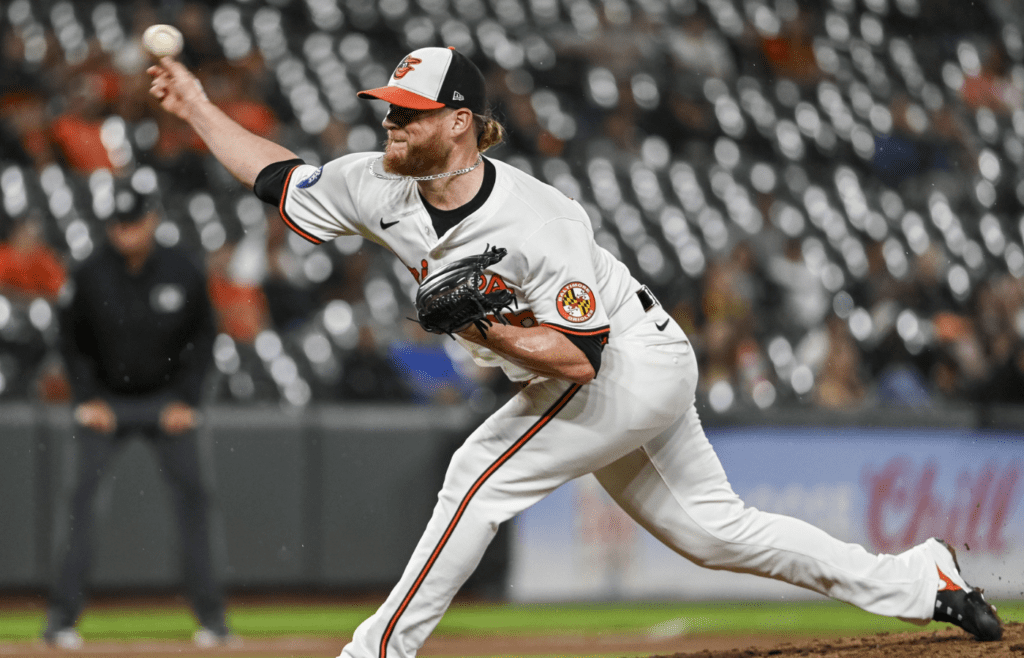 Sep 17, 2024; Baltimore, Maryland, USA; Baltimore Orioles pitcher Craig Kimbrel (46) delivers ninth inning pitch against the San Francisco Giants at Oriole Park at Camden Yards. Mandatory Credit: Tommy Gilligan-Imagn Images