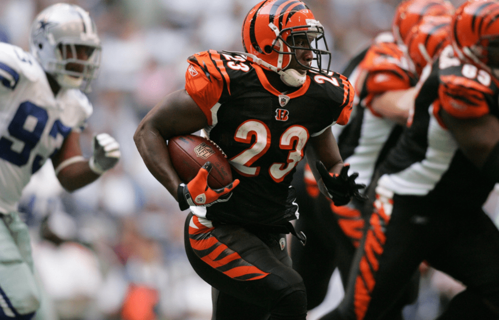 Oct 5, 2008; Irving, TX, USA; Cincinnati Bengals running back Chris Perry (23) carries the ball against the Dallas Cowboys at Texas Stadium. Dallas defeated Cincinnati 31-22. Mandatory Credit: Tim Heitman-Imagn Images