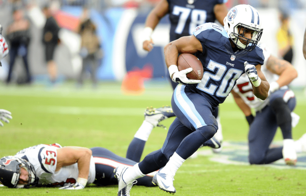Dec 27, 2015; Nashville, TN, USA; Tennessee Titans running back Bishop Sankey (20) runs for a first down during the second half against the Houston Texans at Nissan Stadium. The Texans won 34-6. Mandatory Credit: Christopher Hanewinckel-Imagn Images