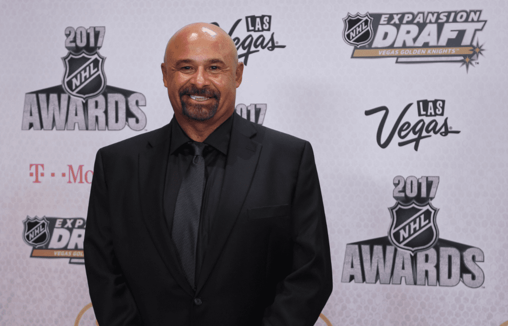 Jun 21, 2017; Las Vegas, NV, USA; Grant Fuhr arrives on the red carpet before the 2017 NHL Awards and Expansion Draft at T-Mobile Arena. Mandatory Credit: Stephen R. Sylvanie-Imagn Images