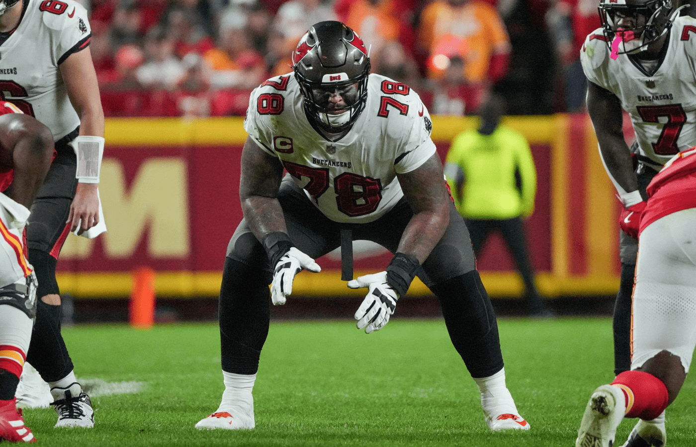 Nov 4, 2024; Kansas City, Missouri, USA; Tampa Bay Buccaneers offensive tackle Tristan Wirfs (78) at the line of scrimmage against the Kansas City Chiefsduring the game at GEHA Field at Arrowhead Stadium. Mandatory Credit: Denny Medley-Imagn Images