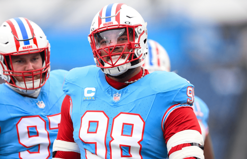 Jan 5, 2025; Nashville, Tennessee, USA; Tennessee Titans defensive tackle Jeffery Simmons (98) warms up before a game against the Houston Texans at Nissan Stadium. Mandatory Credit: Steve Roberts-Imagn Images
