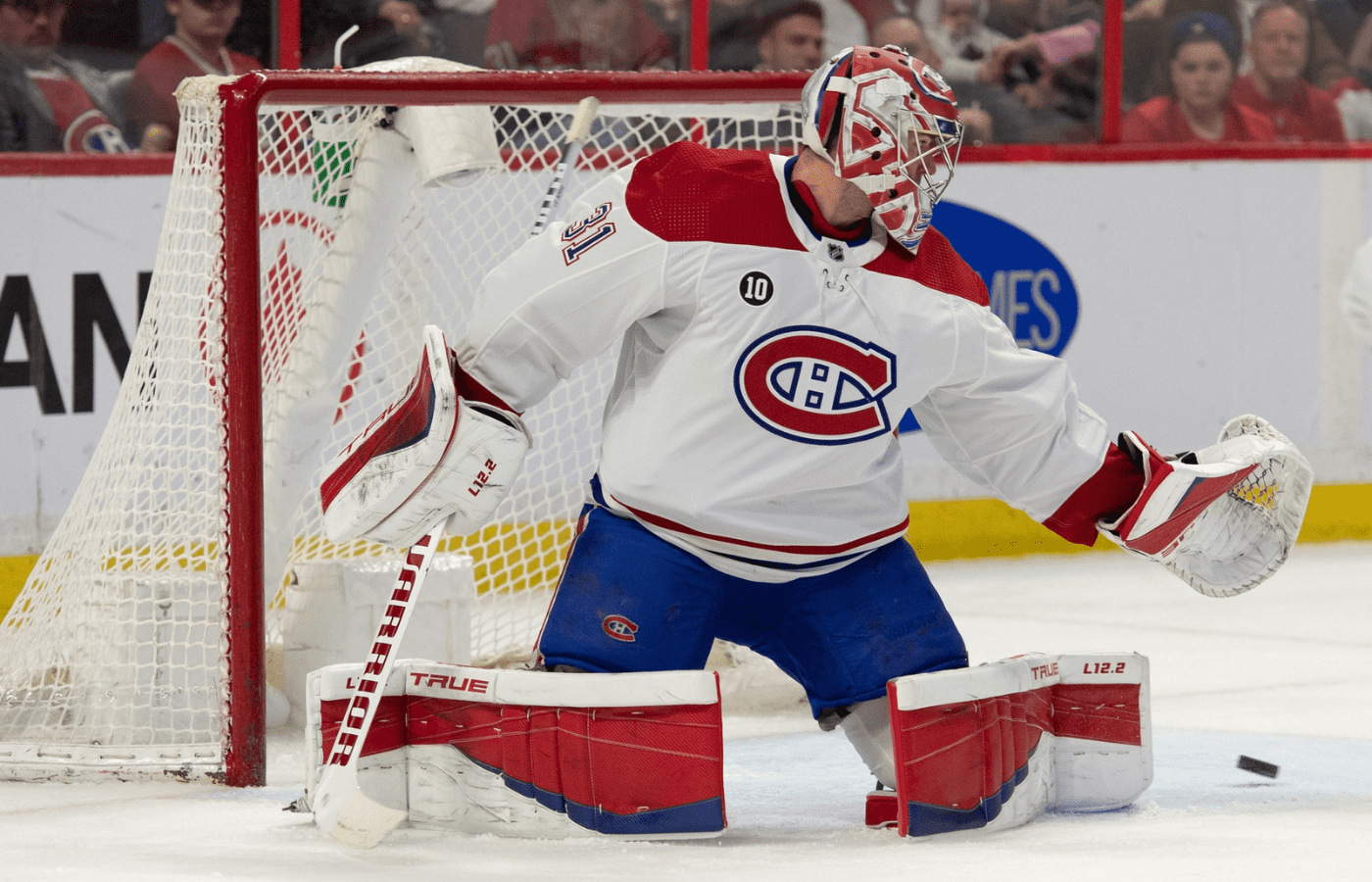 Apr 23, 2022; Ottawa, Ontario, CAN; Montreal Canadiens goalie Carey Price (31) is unable to stop a shot from Ottawa Senators center Josh Norris (not pictured) in the second period at the Canadian Tire Centre. Mandatory Credit: Marc DesRosiers-Imagn Images