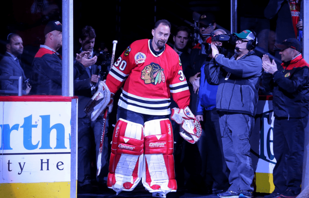 Mar 23, 2017; Chicago, IL, USA; Former Chicago Blackhawks goalie Ed Belfour is honored prior to the first period against the Dallas Stars at the United Center. Mandatory Credit: Dennis Wierzbicki-Imagn Images