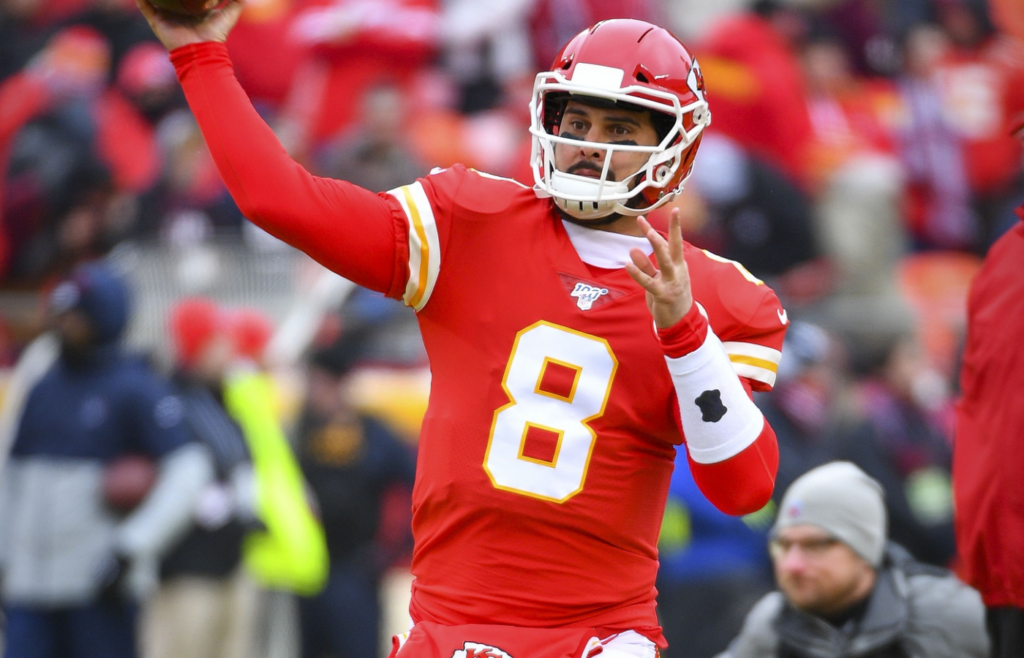 Jan 12, 2020; Kansas City, MO, USA; Kansas City Chiefs quarterback Matt Moore (8) warms up before the game between the Kansas City Chiefs and the Houston Texans in a AFC Divisional Round playoff football game at Arrowhead Stadium. Mandatory Credit: Jay Biggerstaff-Imagn Images