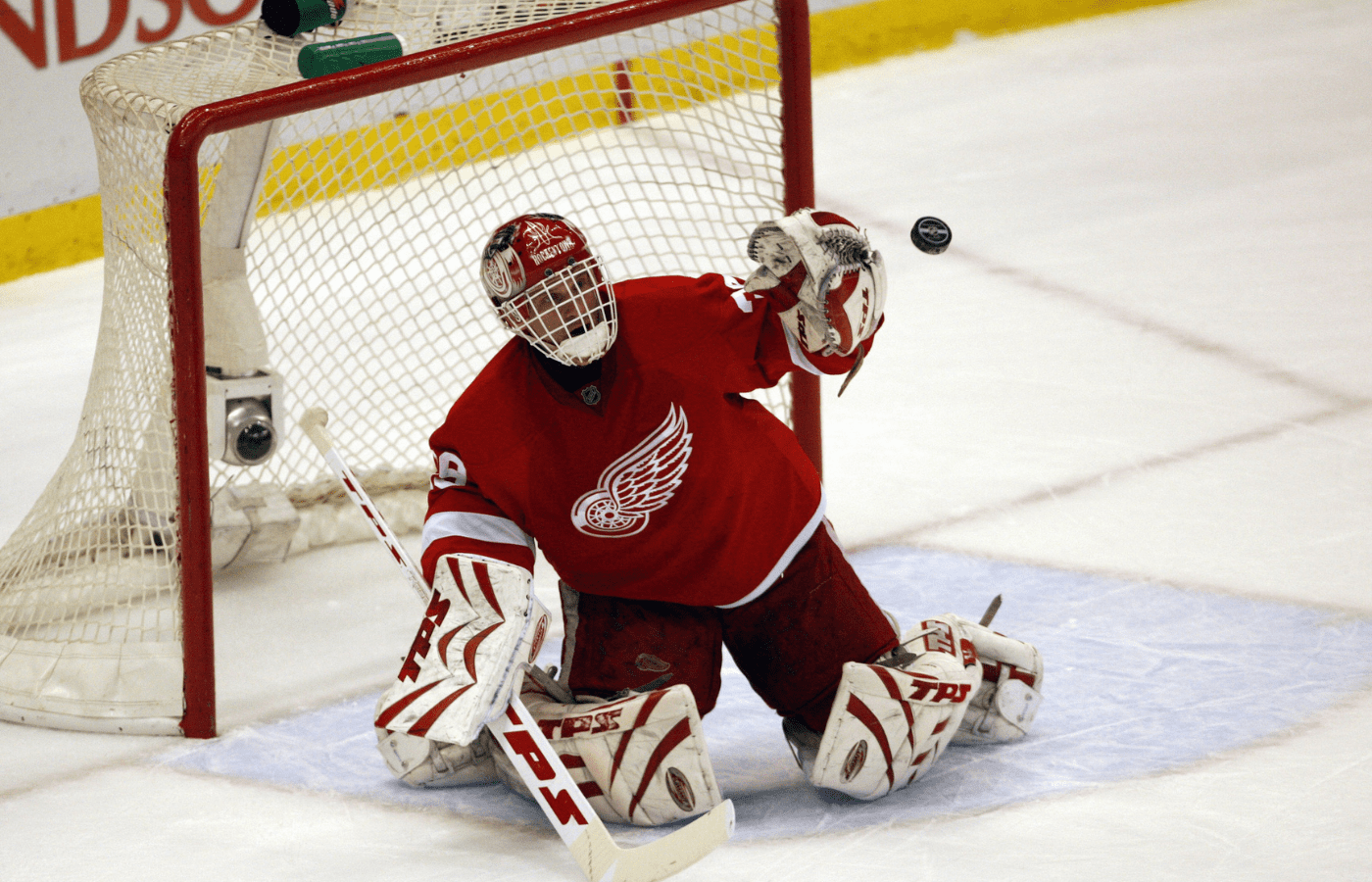 April 6, 2008; Detroit, MI, USA; Detroit Red Wings goalie Dominik Hasek (39) makes the stop during the first period of the game against the Chicago Black Hawks at Joe Louis Arena. Mandatory Credit: Leon Halip-Imagn Images